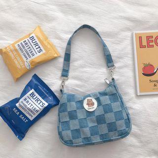 Checkerboard Denim Shoulder Bag With Badge - Blue - One Size