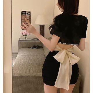 Short-sleeve Rhinestone Trim Open-back Mini Bodycon Dress