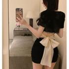 Short-sleeve Rhinestone Trim Open-back Mini Bodycon Dress