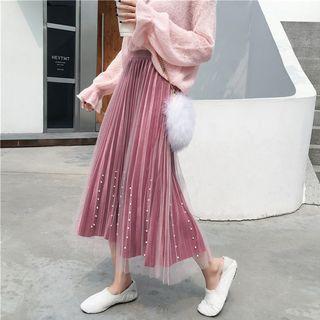 Faux-pearl Velvet Mesh Panel Skirt