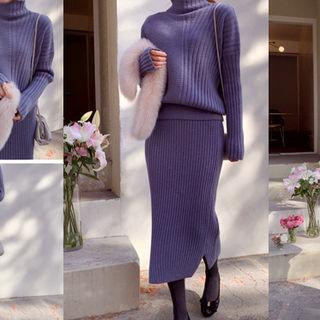 Set: Mock-neck Ribbed Wool Blend Knit Top + Band-waist Midi Skirt
