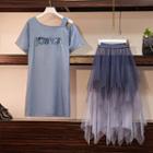 Set: Short-sleeve Sequin T-shirt + Gradient Midi Mesh Skirt