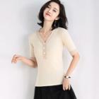 Two-tone Buttoned Short-sleeve Knit Top