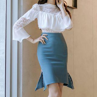 Set: 3/4-sleeve Lace Top + Fitted Skirt