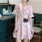 Elbow-sleeve Frill Trim Patterned A-line Mini Dress
