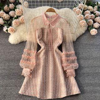 Lace Mesh Panel Plaid Long-sleeve Dress