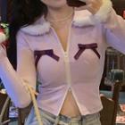 Fluffy Trim Bow Accent Cropped Zip-up Cardigan