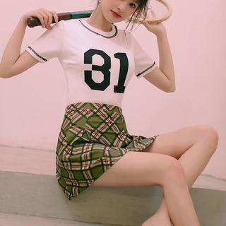 Set: Short-sleeve Swim Top + Plaid A-line Skirt