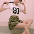 Set: Short-sleeve Swim Top + Plaid A-line Skirt