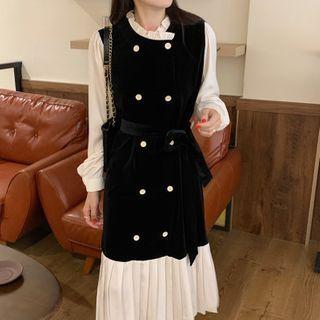 Long-sleeve Pleated Midi A-line Dress Black - One Size