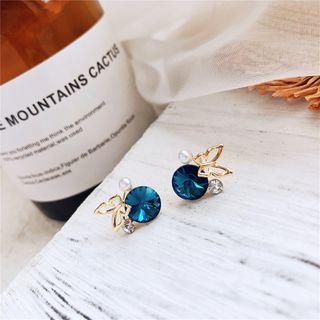 Faux Crystal Alloy Butterfly Earring 1 Pair - 925 Silver - Blue Rhinestone - Gold - One Size