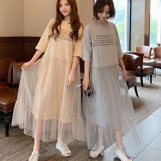 3/4-sleeve Mesh Paneled Letter Maxi T-shirt Dress
