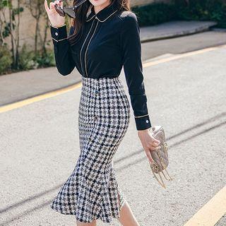 Shirt / Houndstooth Midi Mermaid Skirt / Set