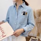 Cat Embroidered Denim Long-sleeve Shirt
