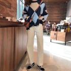 Rhombus Pattern Sweater / Straight-cut Jeans With Belt
