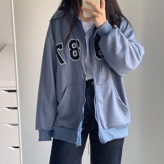 Lettering Zipped Hooded Jacket Blue - One Size