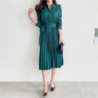 Half-placket Pleated Dress With Sash