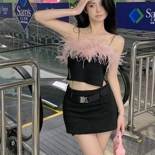 Feather Accent Camisole Top / Mini Pencil Skirt