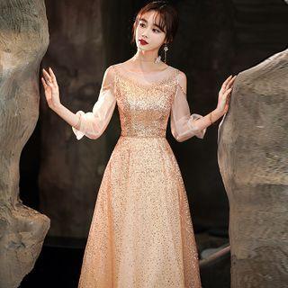 Puff-sleeve Floral Jacquard A-line Evening Gown