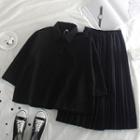 3/4 Sleeve Plain Polo Shirt / High-waist Pleated Skirt