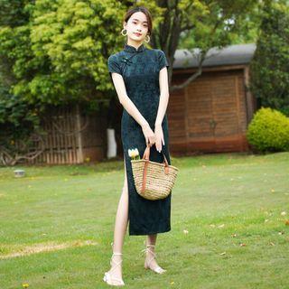 Pattern Print Short Sleeve Midi Qipao
