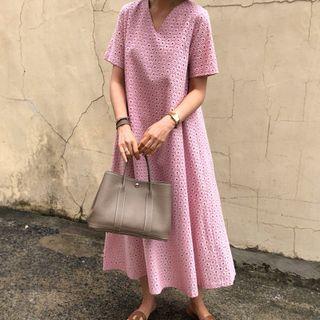 Short Sleeve V-neck Eyelet Lace Midi A-line Dress Pink - One Size