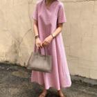 Short Sleeve V-neck Eyelet Lace Midi A-line Dress Pink - One Size