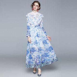 Ruffle Trim Floral Maxi A-line Dress