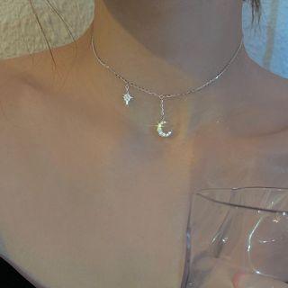 Moon & Star Rhinestone Pendant Sterling Silver Choker