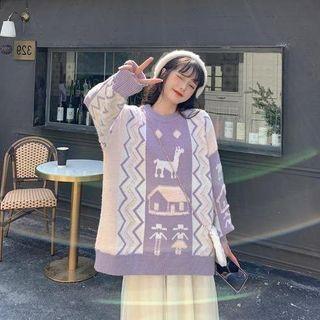 Long-sleeve Jacquard Sweater Floral - One Size