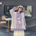 Long-sleeve Jacquard Sweater Floral - One Size