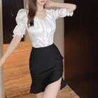 Puff-sleeve Silky Blouse / Ruffle Trim Pencil Skirt