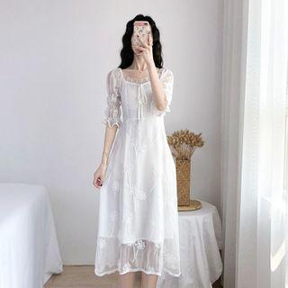 Short Sleeve Flower Embroidered A-line Dress