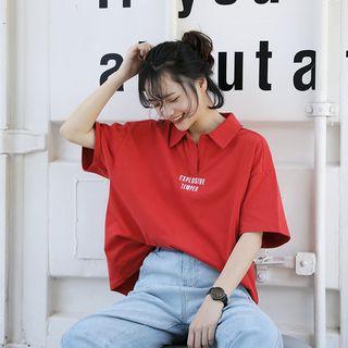 Elbow-sleeve Letter Placket Top