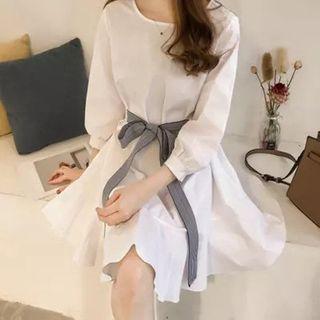 3/4-sleeve Sashed Midi A-line Dress