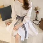 3/4-sleeve Sashed Midi A-line Dress
