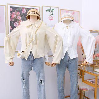 Off-shoulder Ribbon-neckline Plain Shirt