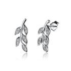 925 Sterling Silver Leaf Earrings With White Austrian Element Crystal Silver - One Size
