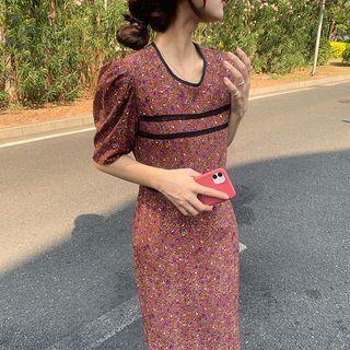 Floral Print Puff-sleeve Maxi Sheath Dress