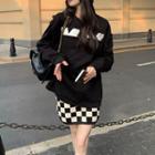 Distressed Contrast Trim Sweatshirt / Checkerboard Print Mini Pencil Skirt