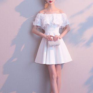Short-sleeve Off-shoulder Textured Mini A-line Dress