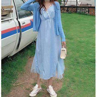 Long-sleeve Knit Cardigan / Plaid Spaghetti-strap Dress
