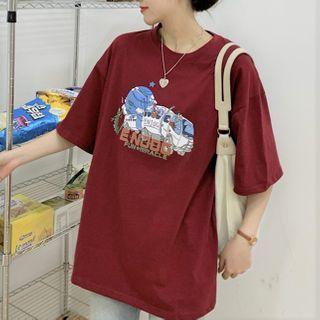 Elbow-sleeve Bus Print T-shirt