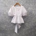 Short Sleeve V-neck Plain Blouse White - M