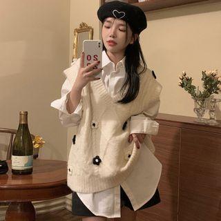 Flower Accent Sweater Vest / Plain Shirt / Set