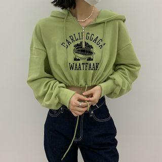 Long Sleeve Lettering Zip-detail Drawstring Crop Sweatshirt