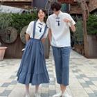 Couple Matching Short-sleeve Cheongsam / Midi Suspender Skirt / Cropped Straight-fit Pants