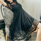 Set: Short-sleeve Ruffled A-line Lace Dress + Slipdress