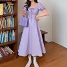 Puff-sleeve Tie-front Midi A-line Dress Purple - One Size