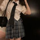 Short-sleeve Shirt / Plaid Mini Skirt / Tie / Set